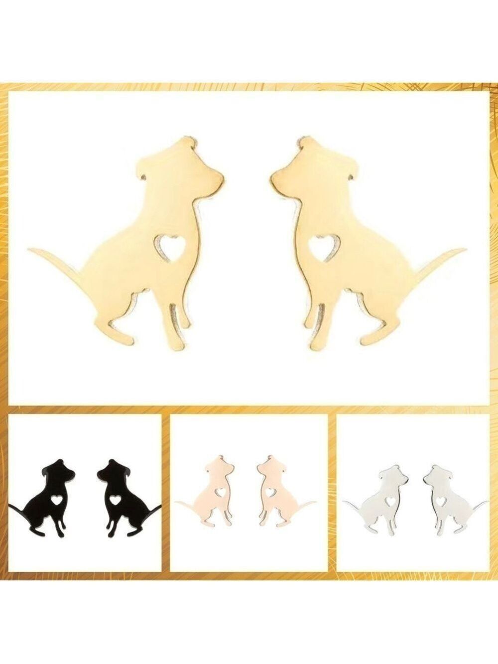 Dog Pitbull and Heart Stainless Steel Stud Earrings #812 (Color: gold)